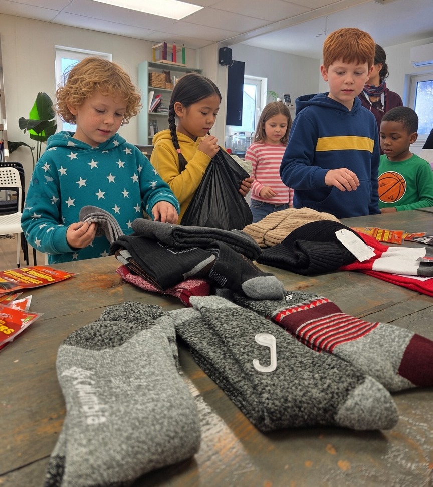 Children preparing warm clothing for people in need