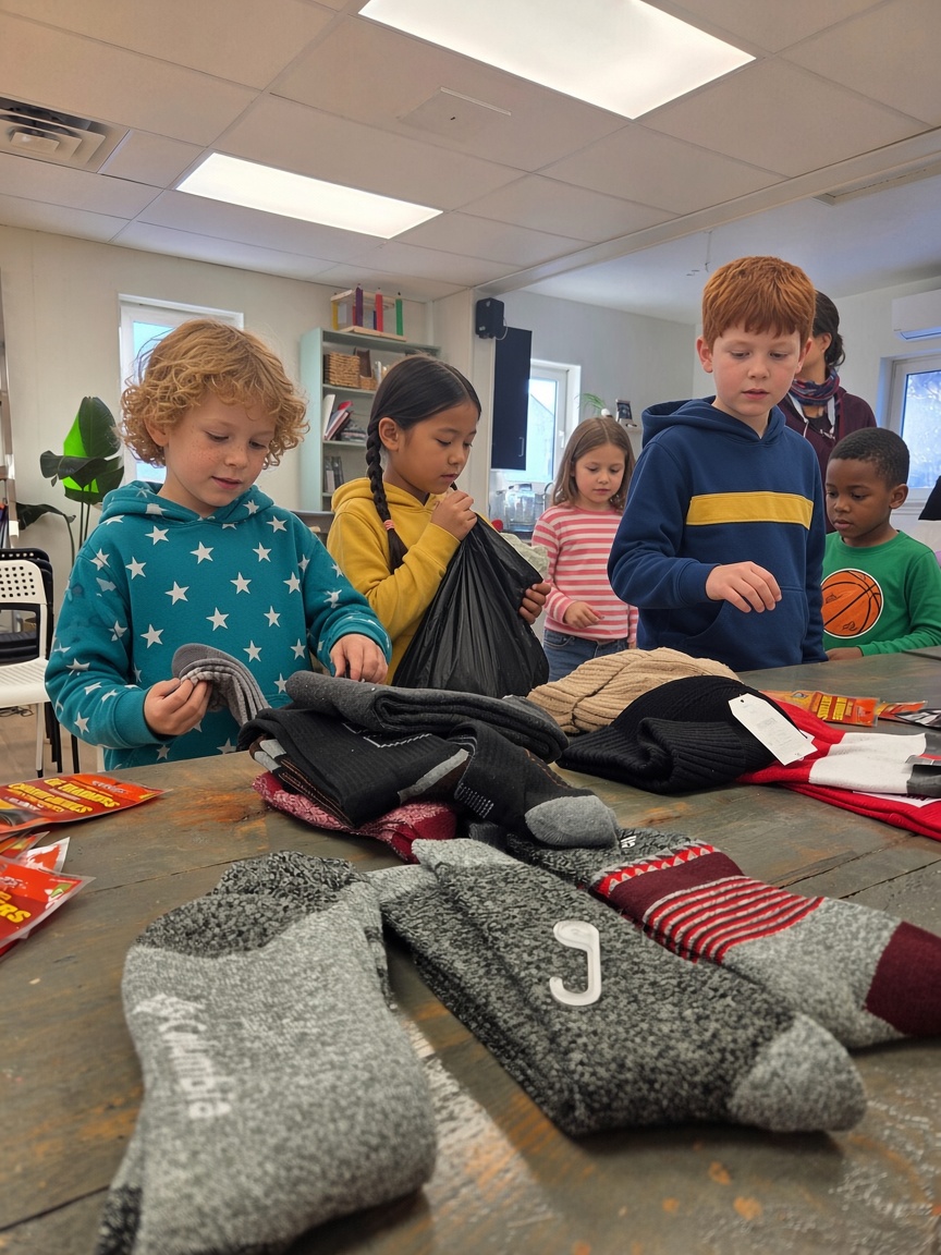 Children preparing warm clothing for people in need